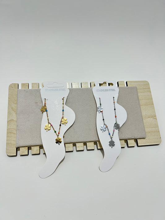 Dört Yapraklı Yonca Figürlü Renkli Boncuklu Paslanmaz Çelik Halhal – Altın & Gümüş Renk